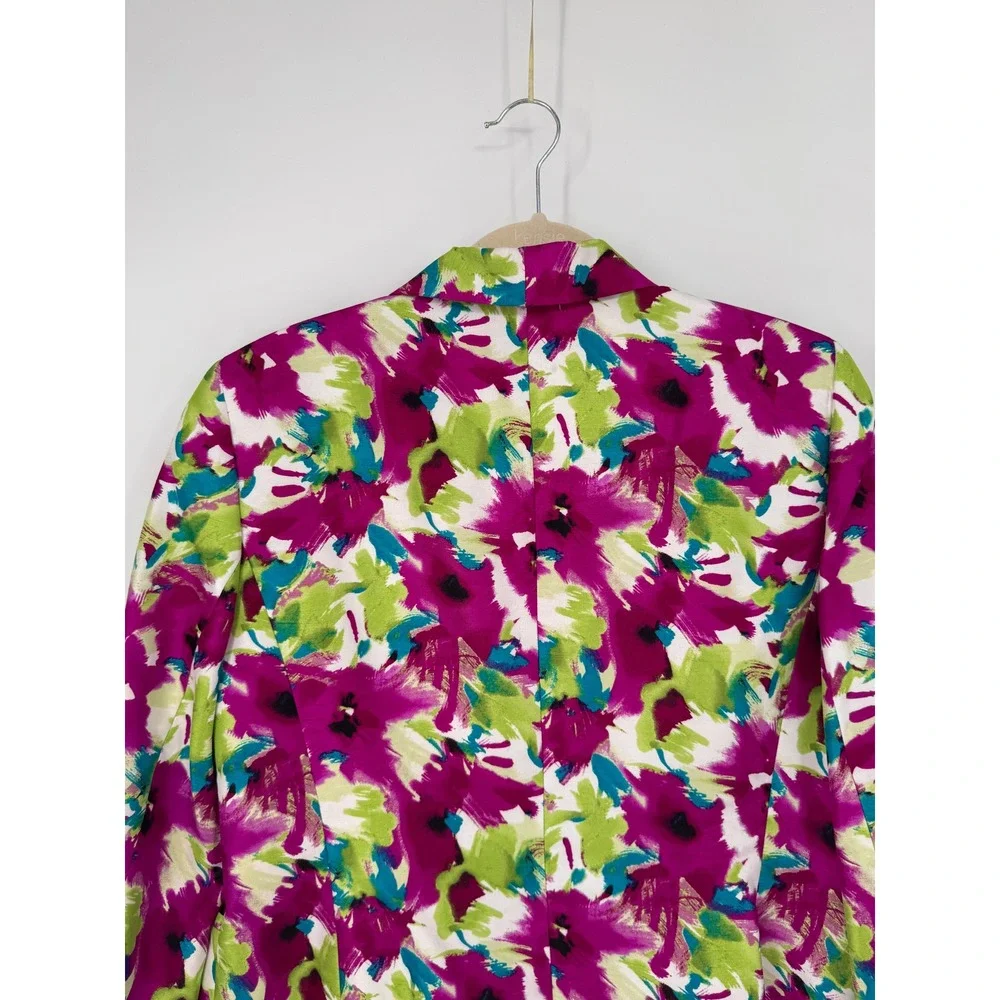 Kasper Floral Blazer Women 12 Magenta Green Excellent Abstract Open Front Jacket - Picture 9 of 14